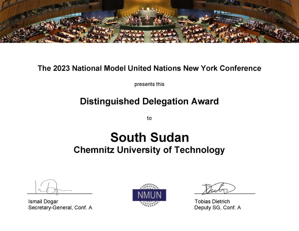 Urkunde 'Distinguished Delegation Award' für die Delegation der TU Chemnitz bei der National Model United Nations New York Conference