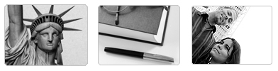 3 Schwarz-Weiß-Bilder: ein Kopf der Freiheitsstatue, Stift, eine Brille, ein Notizbuch, 2 Personen