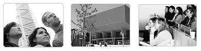 3 Schwarz-Weiß-Bilder: 3 Personen, das Zentrale Hörsaalgebäude, Zuhörer der Vorlesung