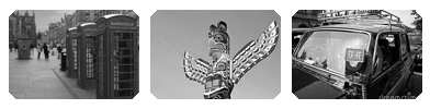 3 black and white pictures: a British street, an eagle statue, a part of a car