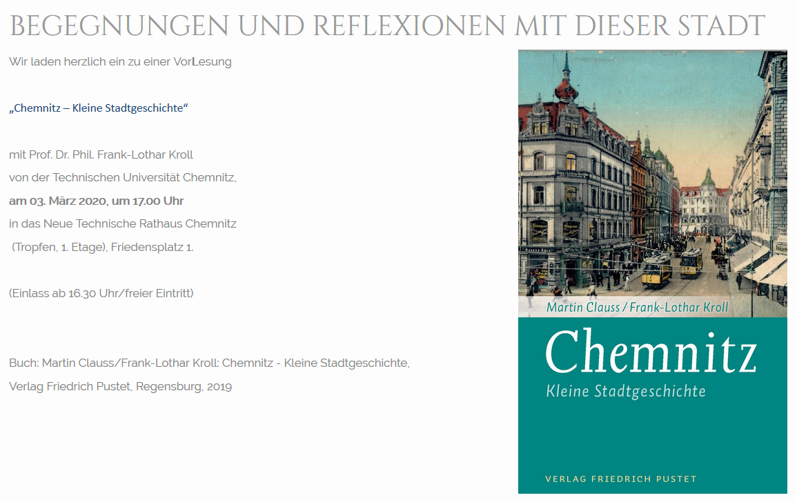 Grafik mit Informationen zur Veranstaltung, Vorderseite des Buches "Chemnitz - Kleine Stadtgeschichte".