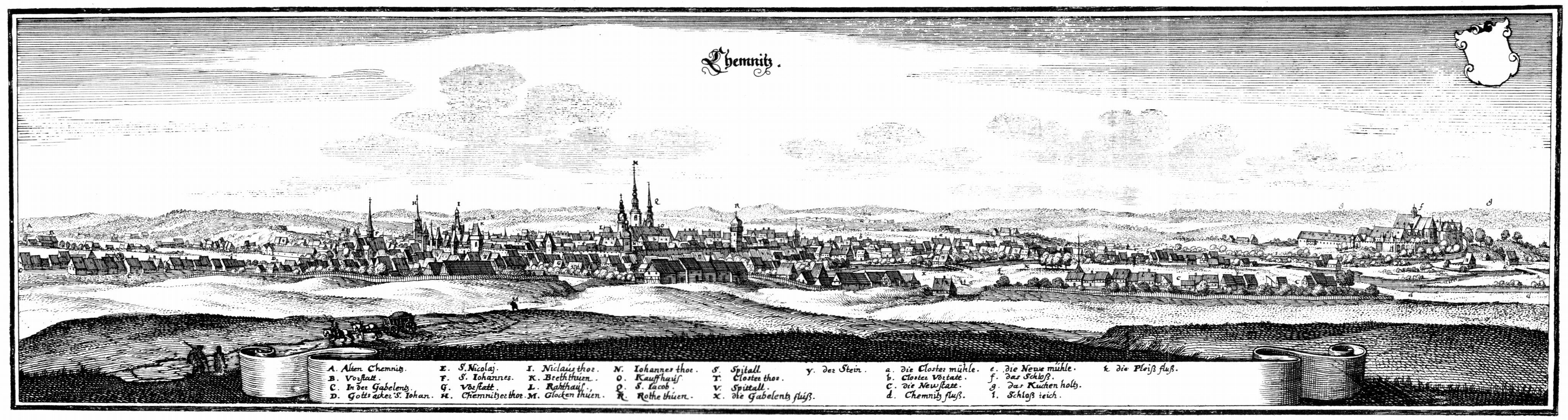  Ansicht von Chemnitz, Kupferstich von Matthäus Merian d. Ä. in Topographia Germaniae, herausgegeben 1650