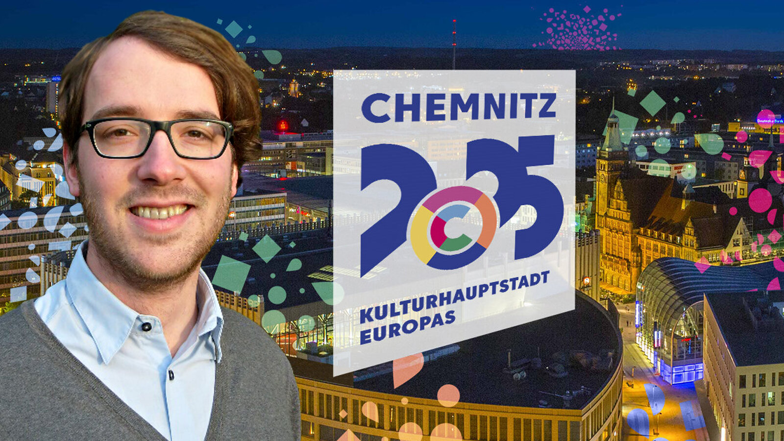 Bildmontage: Dr. Thomas Laux neben dem Kulturhauptstadtlogo Chemnitz 2025