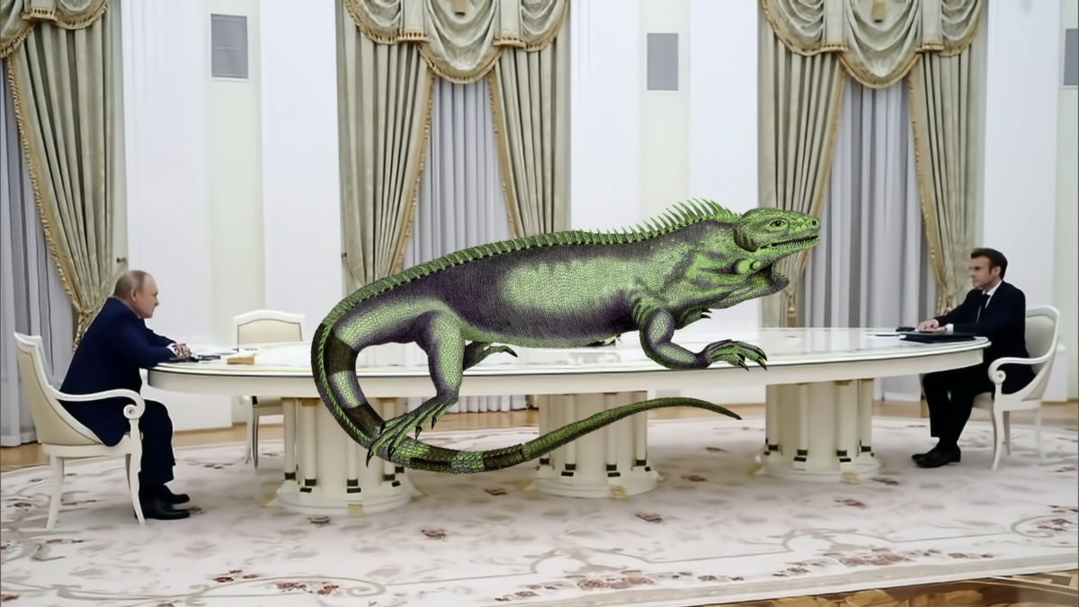 Putin und Macron sitzen an einer langen Tafel. In der itte auf dem Tisch befindet sich eine Echse.