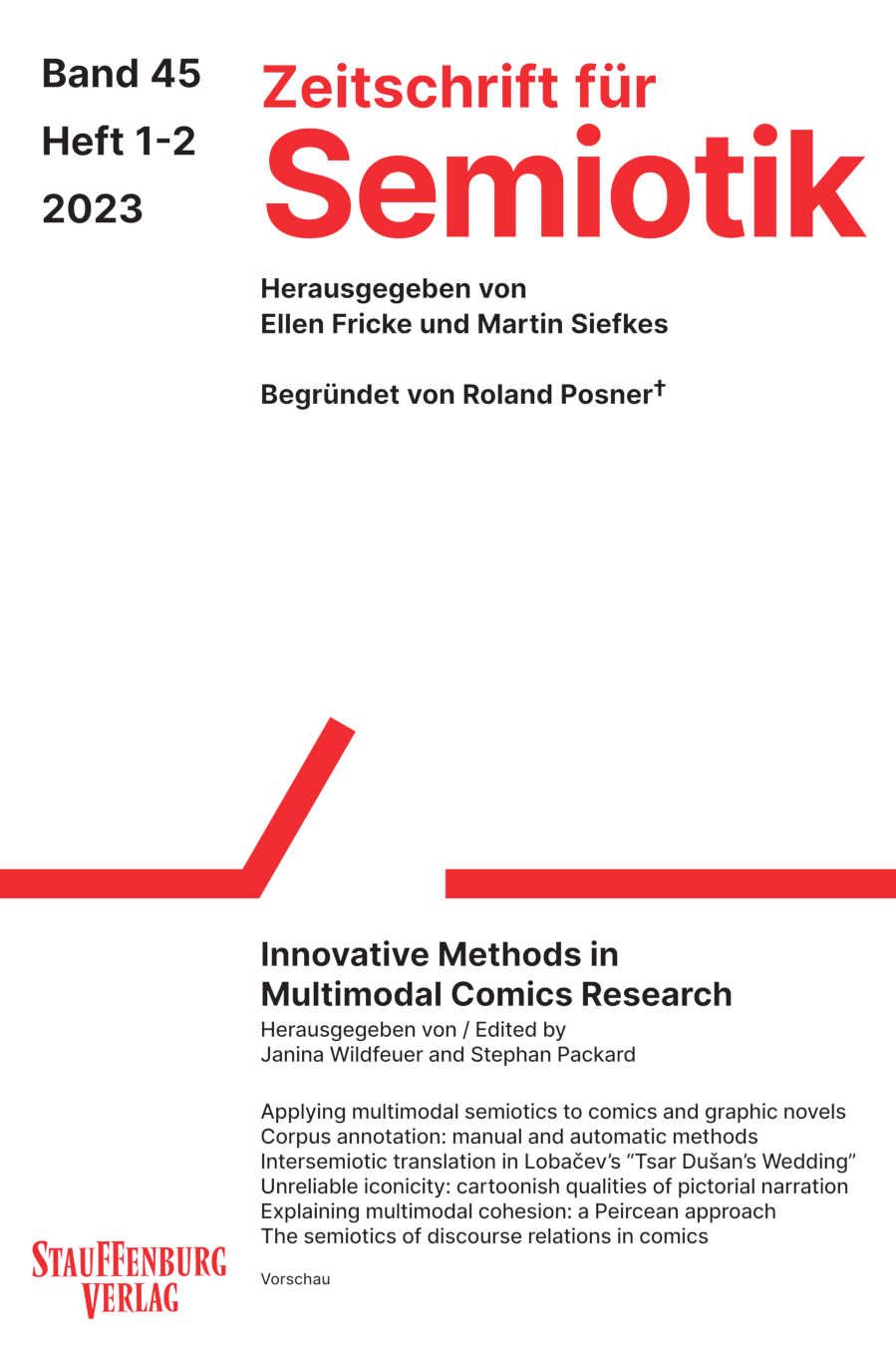 Deckblatt Zeitschrift für Semiotik, Band 44, Heft 3-4, 2022; rote Schrift auf weißem Grund
