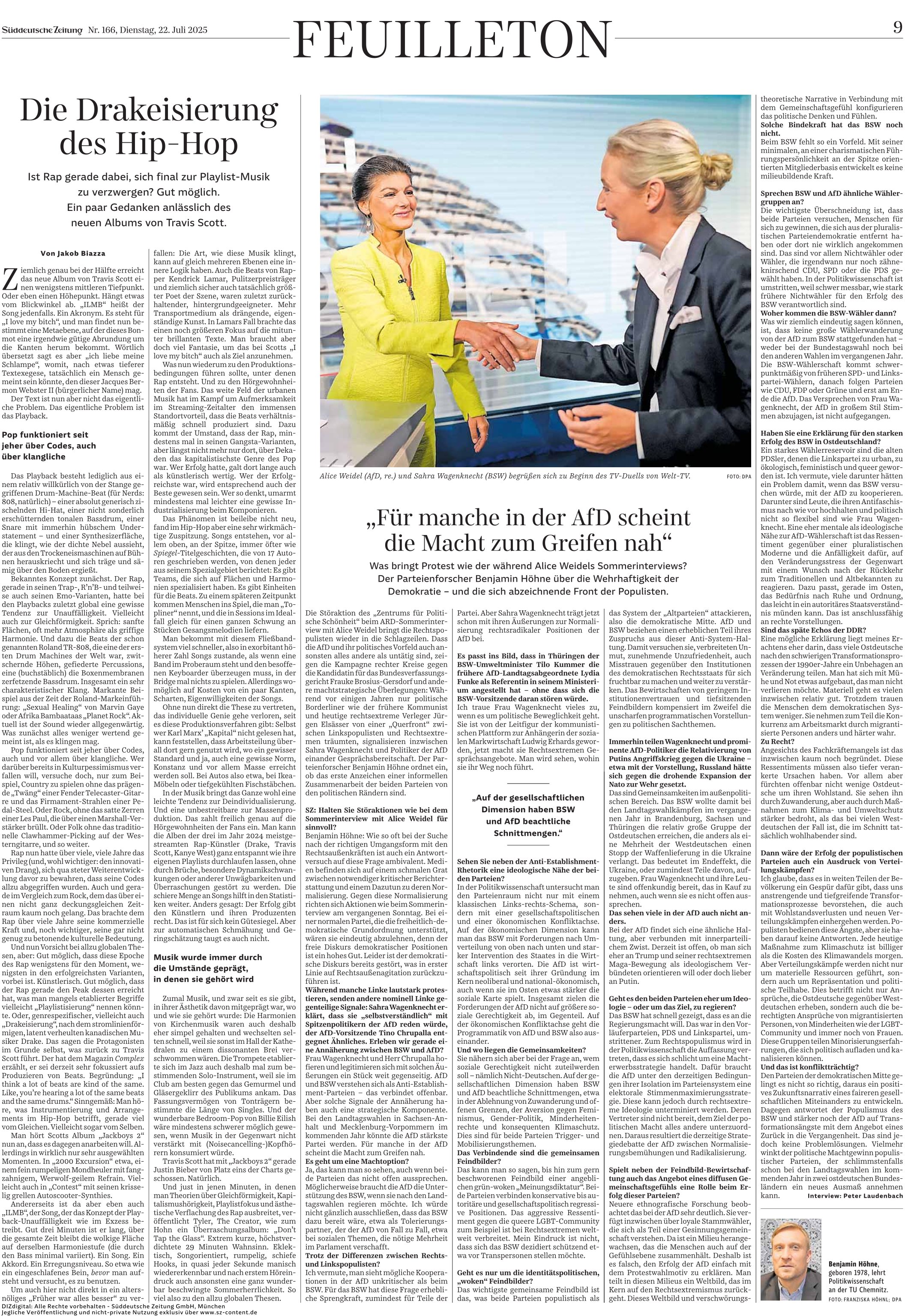 Laudenbach, Peter (2025): “For some in the AfD, power seems within reach.” Interview with Benjamin Höhne. Süddeutsche Zeitung, DEFGH No. 166, July 22, 2025.