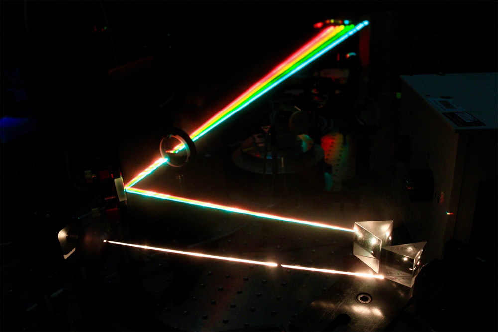 Weißlicht mit Prisma in Spektralfarben aufgesplten