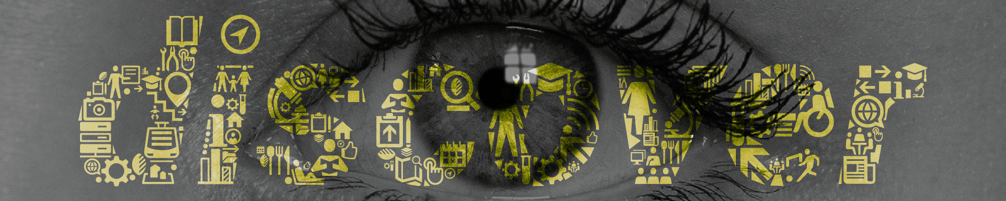 Banner zu den virtuellen TUCtagen discover, stilisiertes Auge mit Schriftzug