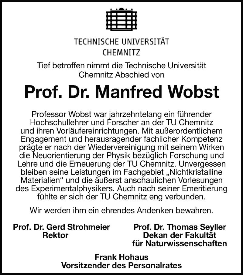 Traueranzeige in der FP: Prof. Manfred Wobst