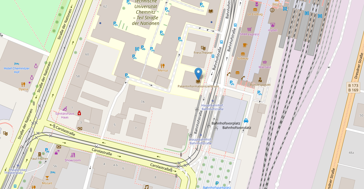 Karte mit Standort des Patentinformationszentrums gegenüber der Hauptbahnhofs in Chemnitz