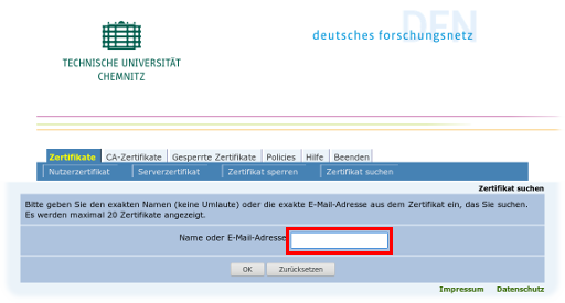 Screenshot der Webseite „Zertifikat suchen“ bei der DFN-PKI mit hervorgehobenem Sucheingabefeld