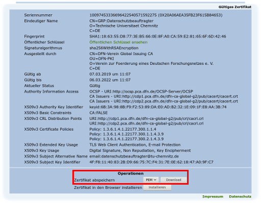 Screenshot der Webseite „Zertifikat suchen“ bei der DFN-PKI mit Suchdetails und hervorgehobenem Downloaddialog