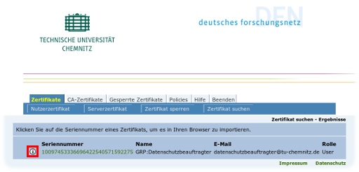 Screenshot der Webseite „Zertifikat suchen“ bei der DFN-PKI mit Suchergebnis und hervorgehobenem Link zu Details
