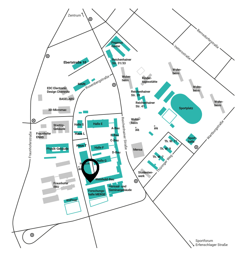 Lageplan mit Makierung des Standortes des ZFS im Weinholdbau am Abzweig zur Halle H (Leistungselektronik).