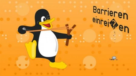 Linux-Pinguin zielt mit Katapult auf die Position des "ß" im Schriftzug "Barrieren einrei?en".