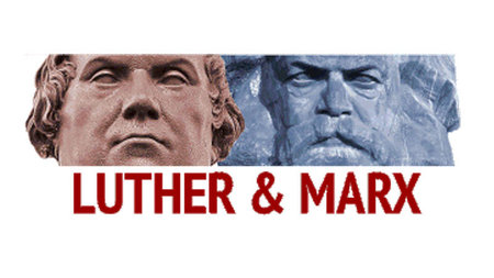 Konterfeis von Luther und Marx.