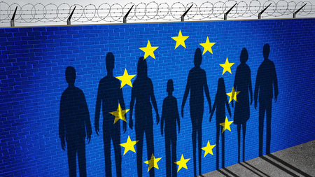 Schatten mehrerer Personen an einer Gefängnismauer zu sehen, welche das Logo der EU trägt