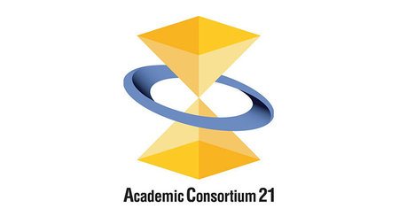 Logo des "Academic Consortium for the 21st Century" bestehend aus zwei Pyramiden und einem Ring  