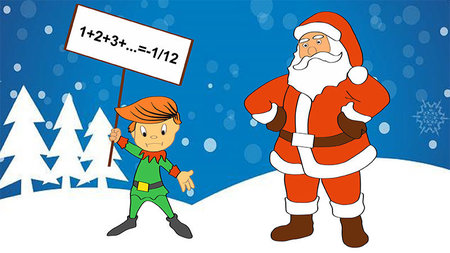 Weihnachtself hält ein Schild mit einer mathematischen Rechnung und Weihnachtsmann steht neben ihm