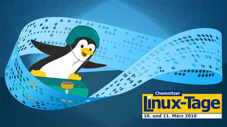 Grafik zum Veranstaltungsmotto: Linux-Pinguin auf Skateboard mit Lochstreifen