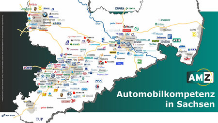 Landkarte von Sachsen mit Standorten der Automotive-Branche
