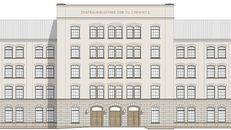Grafik einer Fassadenansicht der künftigen Universitätsbibliothek.