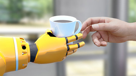 Roboter übergibt Tasse an einen Menschen