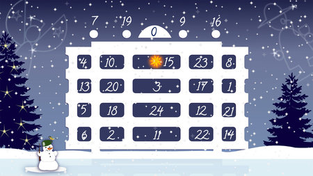 Screenshot des Adventskalenders zeigt die Fassade des Böttcher-Baus, dessen Fenster die Türchen des Kalenders bilden