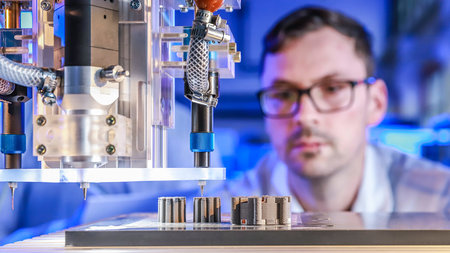 Mann schaut im Labor auf Komponenten des gedruckten Elektromotors