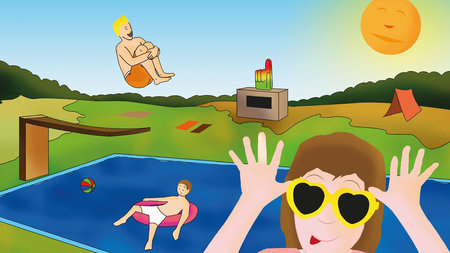 Grafik mit Schwimmbad, Sonne, lachendem Kind, Kind im Pool und Kind, das vom Sprungturm springt