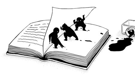 Grafik zeigt aufgeschlagenes Buch auf dem drei Figuren stehen und eine Seite umblättern, daneben ein umgefallenes Tintenfass