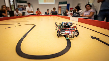 Kleine Roboter fahren über einen Tisch, junge Leute schauen am Rand zu