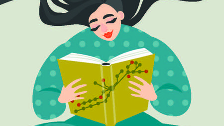 Grafik zeigt Frau mit wehneden langen schwarzen Haaren, die in einem Buch liest