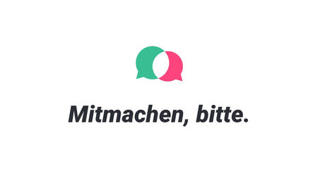 The graphic shows two speech bubbles with the caption “Mitmachen, bitte!” (“Please participate!”)