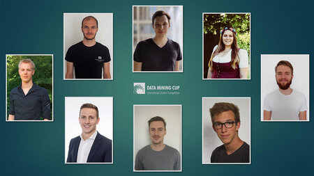 Headshots of seven young men and one young women arranged around the caption “Data Mining Cup.”