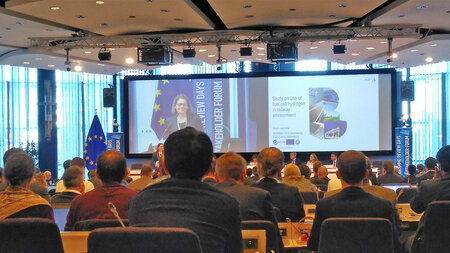 A group of people with their backs to the camera in business clothing look at a screen with a woman on it, which is standing next to the European flag.