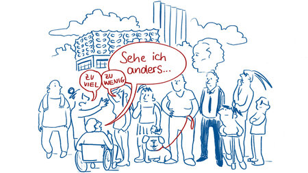 An illustration of a group of people standing in front of the Stadthalle in Chemnitz. One is saying “Sehe ich anders…” (“I see it differently…), another says “zu viel” (“too much”), the third says “zu wenig” (“too little”).