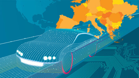 Grafik eines fahrenden Autos, im Hintergrund ist ein Ausschnitt einer Landkarte von Europa zu sehen.