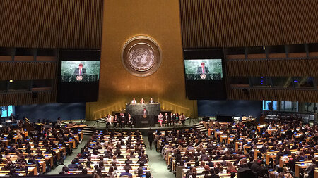 Viele Personen sitzen in einem sehr großen Konferenzraum und blicken auf das Podium, darüber ist das UN-Logo zu sehen.