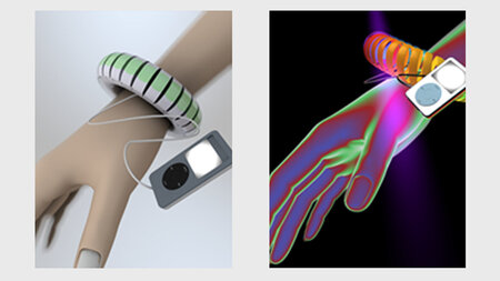 Zwei grafische Darstellungen einer Hand mit einem Armband und einem daran befestigten Abspielgerät von Musik