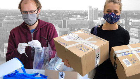 Graphic of a man in a face mask assembling face shields and a woman in a face mask holding up packages. 