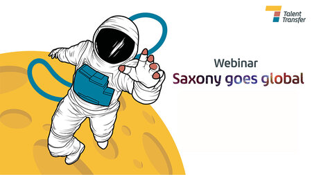 Graphic of an astronaut on the moon with the caption “Saxony Goes Global”