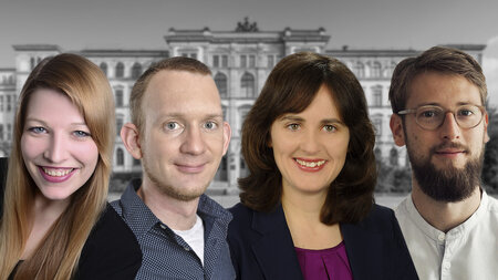 Graphic showing two men and two women in business attire.