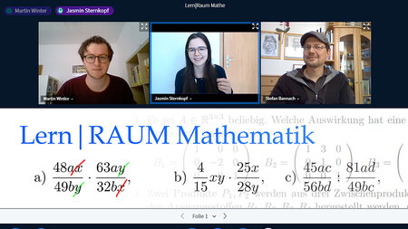 Screenshot from a video conference with three participants. Part of the screen shows a whiteboard with mathematical formulas.