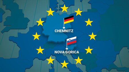 Graphic of a map showing the locations of Chemnitz and Nova Gorica.