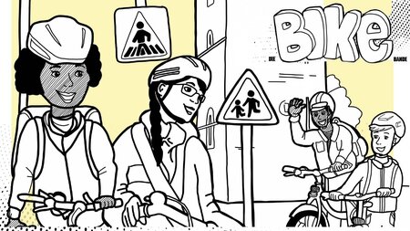 Eine Zeichnung zeigt vier Personen mit Fahrrädern.