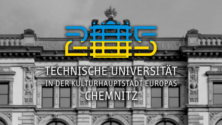 In den Nationalfarben der Ukraine gefärbtes Logo der TU Chemnitz.