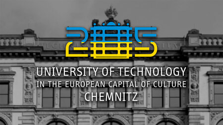 The logo of Chemnitz University of Technology dyed in the national colours from ukraine.