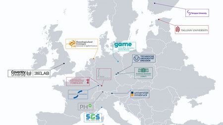 Europa-Karte mit eingezeichneten Standorten und Logos.