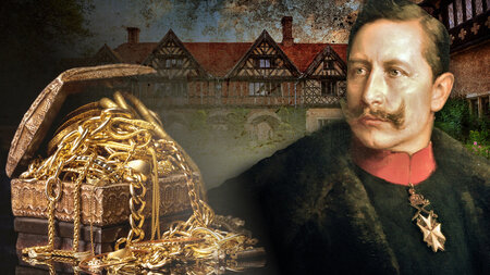 Porträt eines Mannes neben einer goldenen Schatulle voller Schmuck und Münzen.
